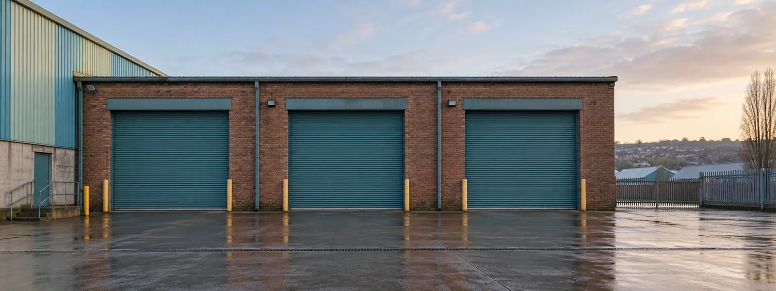Teal roller shutters across a brick commercial warehouse and forecourt